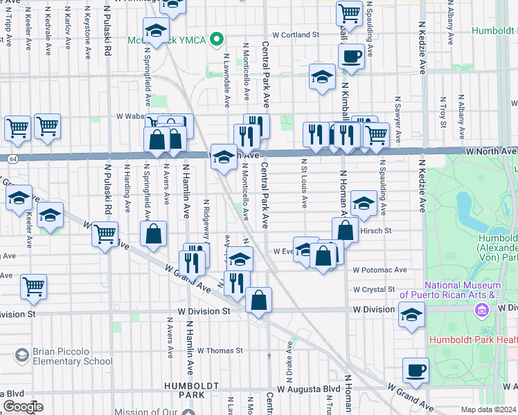 map of restaurants, bars, coffee shops, grocery stores, and more near 1420 North Central Park Avenue in Chicago