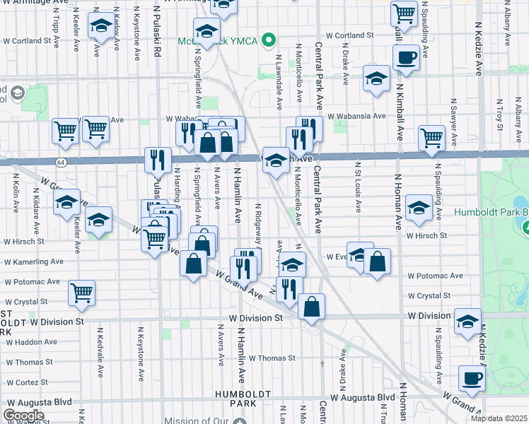 map of restaurants, bars, coffee shops, grocery stores, and more near 1421 North Ridgeway Avenue in Chicago