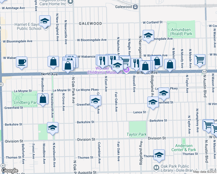 map of restaurants, bars, coffee shops, grocery stores, and more near 1141 North East Avenue in Oak Park