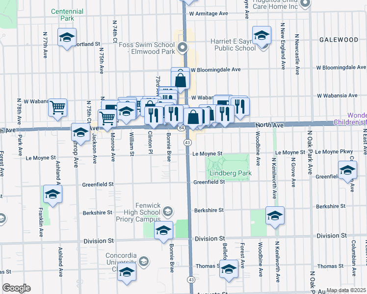 map of restaurants, bars, coffee shops, grocery stores, and more near in River Forest