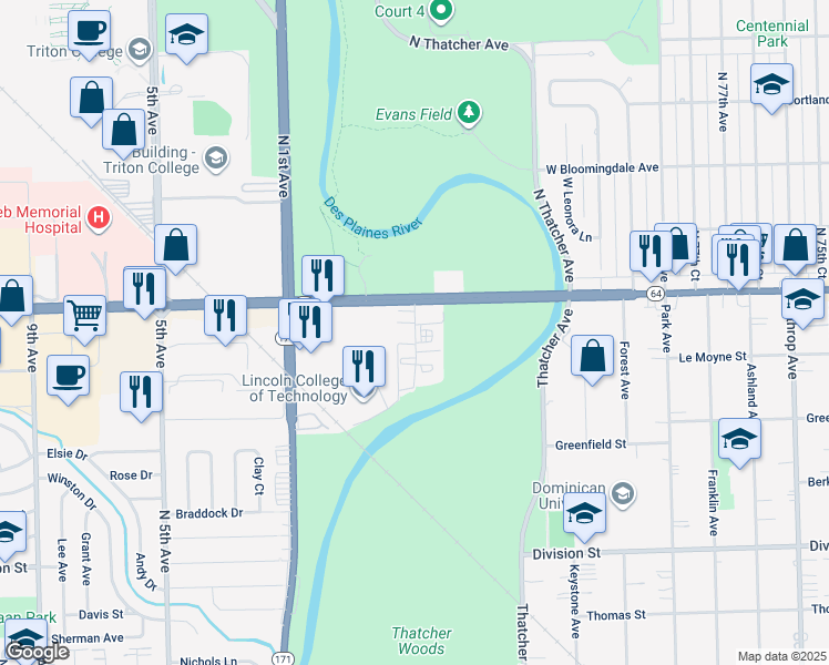 map of restaurants, bars, coffee shops, grocery stores, and more near 8307 West North Avenue in Melrose Park