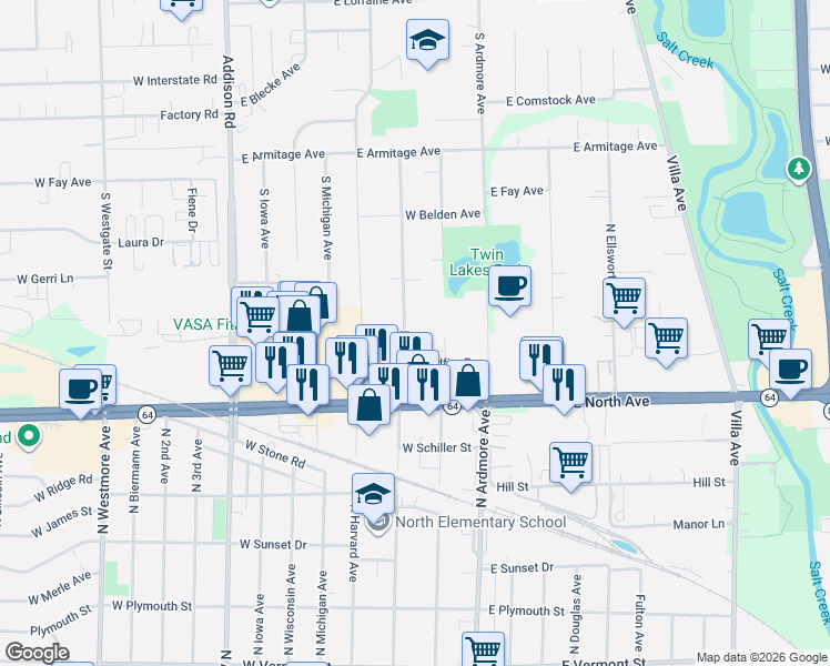 map of restaurants, bars, coffee shops, grocery stores, and more near 835 North Yale Avenue in Villa Park