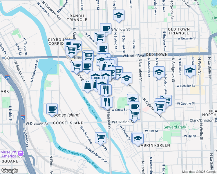 map of restaurants, bars, coffee shops, grocery stores, and more near 1433 North Halsted Street in Chicago