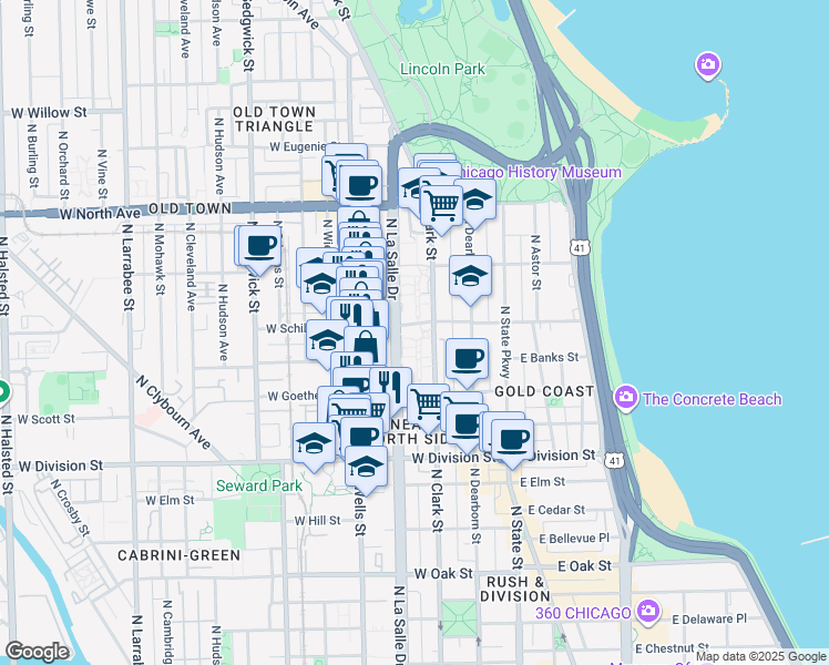 map of restaurants, bars, coffee shops, grocery stores, and more near 1330 North LaSalle Street in Chicago
