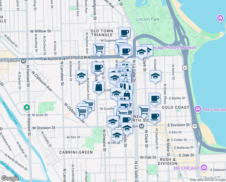 map of restaurants, bars, coffee shops, grocery stores, and more near 163 West Schiller Street in Chicago