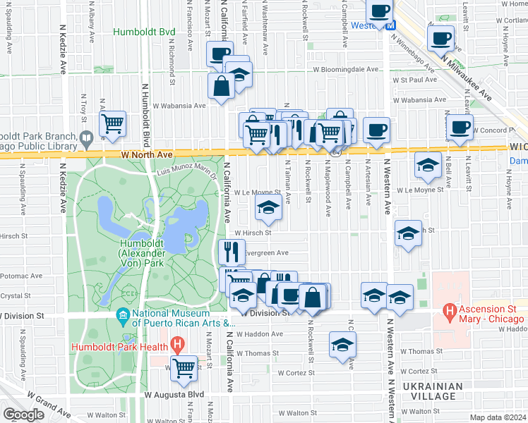 map of restaurants, bars, coffee shops, grocery stores, and more near 1430 North Washtenaw Avenue in Chicago