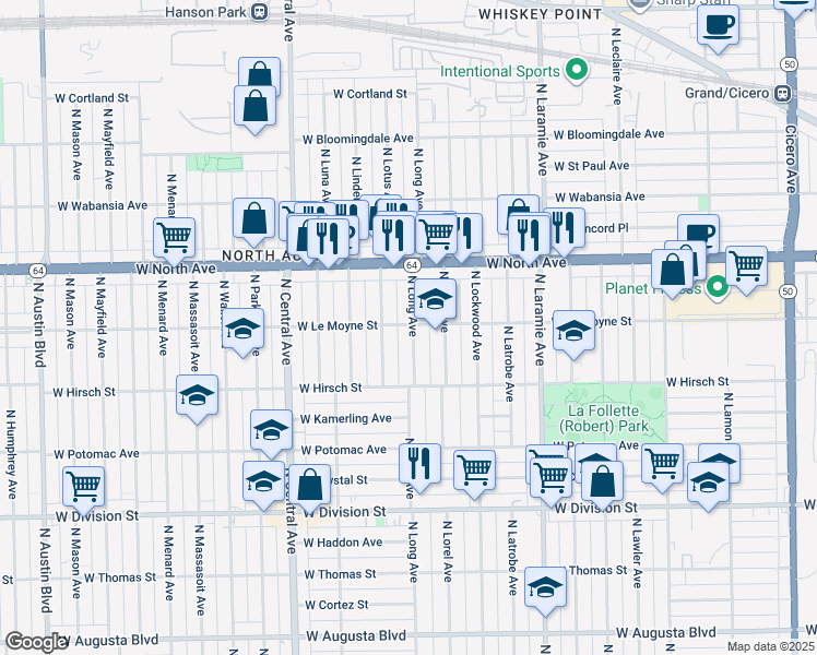 map of restaurants, bars, coffee shops, grocery stores, and more near 5401 West Le Moyne Street in Chicago