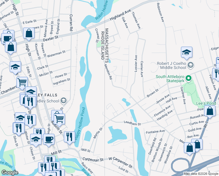 map of restaurants, bars, coffee shops, grocery stores, and more near 507 Mendon Road in Attleboro