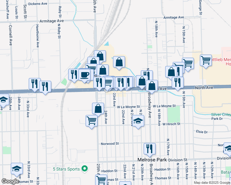map of restaurants, bars, coffee shops, grocery stores, and more near 1828 23rd Avenue in Melrose Park