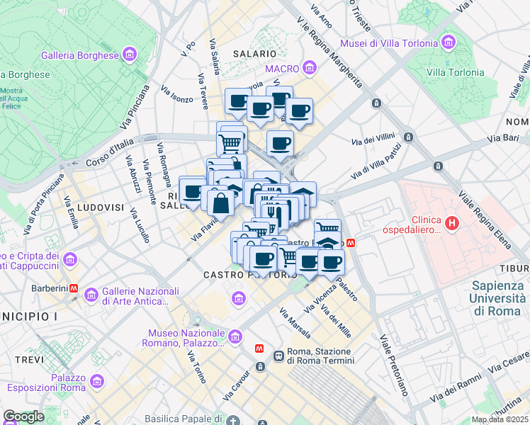 map of restaurants, bars, coffee shops, grocery stores, and more near 49 Via Cernaia in Roma