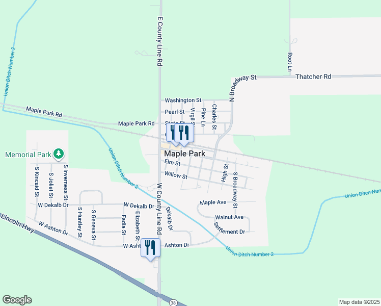 map of restaurants, bars, coffee shops, grocery stores, and more near 325 Main Street in Maple Park