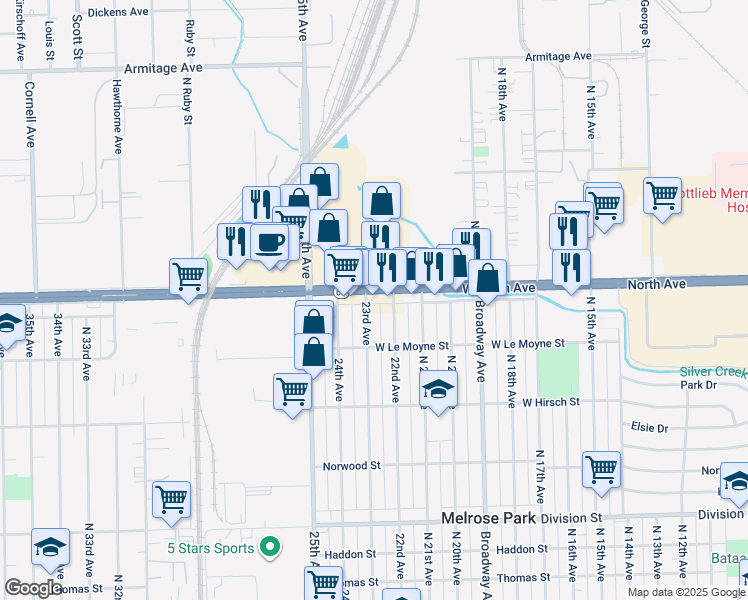 map of restaurants, bars, coffee shops, grocery stores, and more near 1824 North 22nd Avenue in Melrose Park