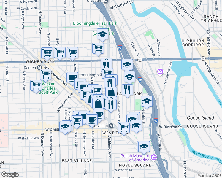 map of restaurants, bars, coffee shops, grocery stores, and more near in Chicago