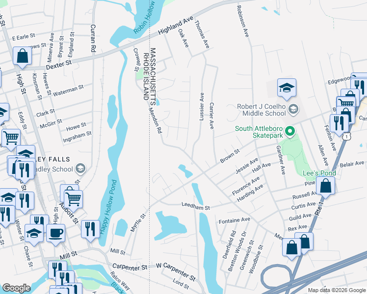 map of restaurants, bars, coffee shops, grocery stores, and more near 497 Mendon Road in Attleboro
