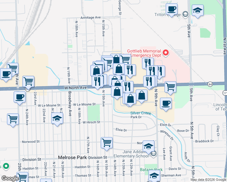 map of restaurants, bars, coffee shops, grocery stores, and more near 1384 Winston Plaza in Melrose Park
