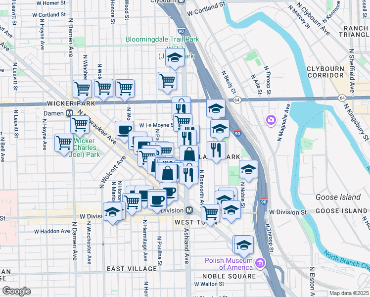 map of restaurants, bars, coffee shops, grocery stores, and more near 1416 North Ashland Avenue in Chicago