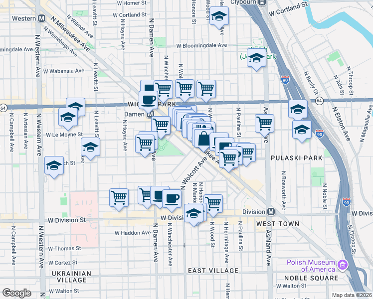 map of restaurants, bars, coffee shops, grocery stores, and more near 1901 West Schiller Street in Chicago