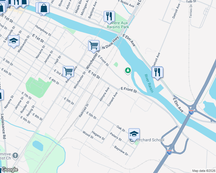 map of restaurants, bars, coffee shops, grocery stores, and more near 119 Almyra Avenue in Monroe