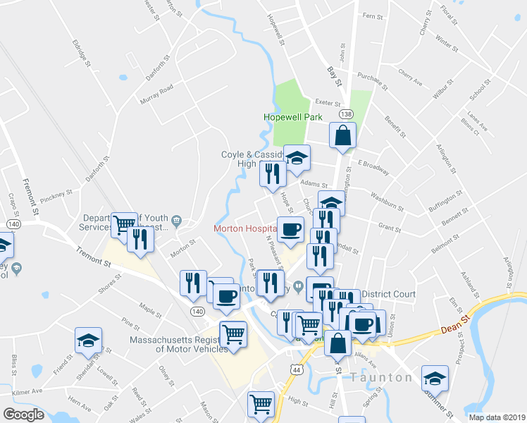 map of restaurants, bars, coffee shops, grocery stores, and more near 38 North Pleasant Street in Taunton