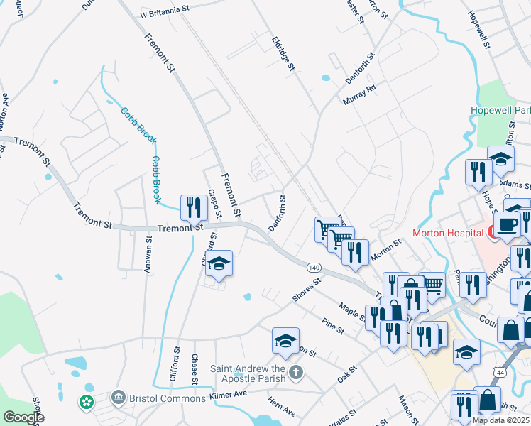map of restaurants, bars, coffee shops, grocery stores, and more near 93 Tremont Street in Taunton