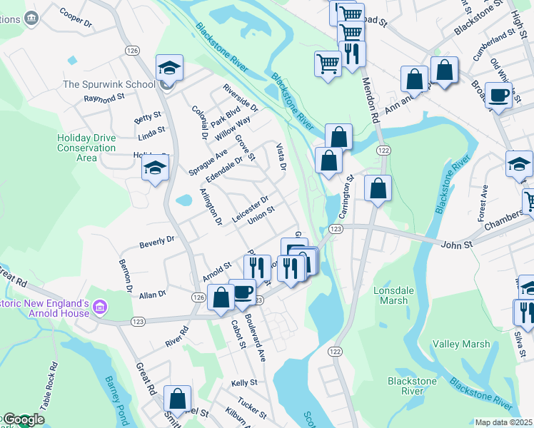 map of restaurants, bars, coffee shops, grocery stores, and more near 23 Arnold Street in Lincoln