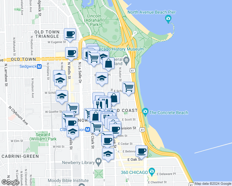 map of restaurants, bars, coffee shops, grocery stores, and more near in Chicago