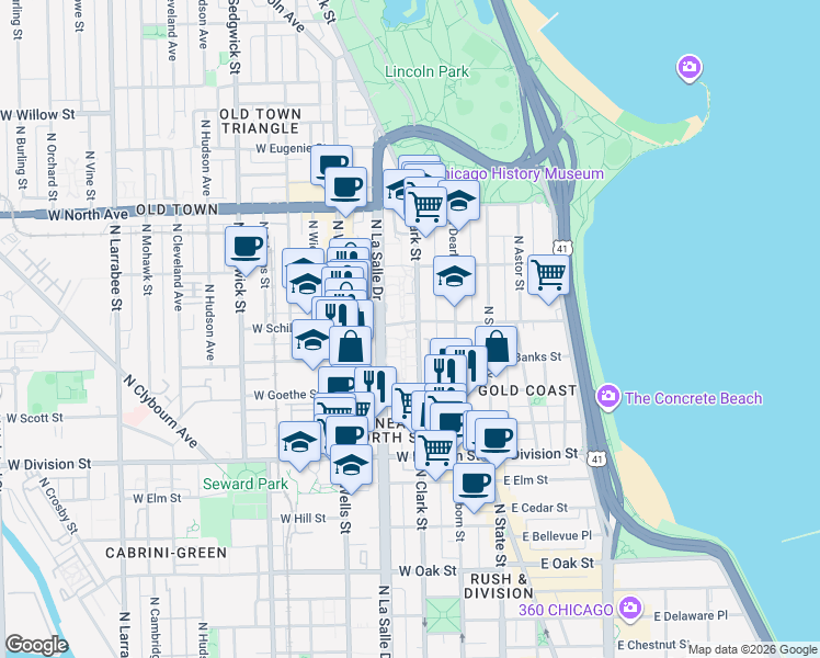 map of restaurants, bars, coffee shops, grocery stores, and more near 1328 North Clark Street in Chicago