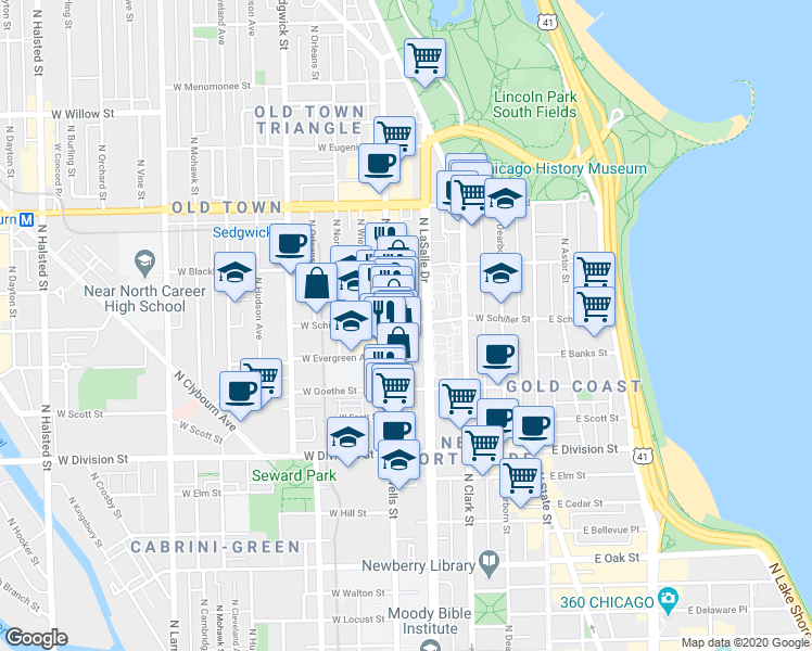 map of restaurants, bars, coffee shops, grocery stores, and more near 1343 North Wells Street in Chicago