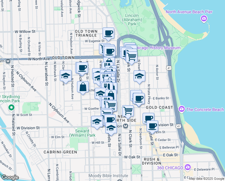 map of restaurants, bars, coffee shops, grocery stores, and more near 1343 North Wells Street in Chicago