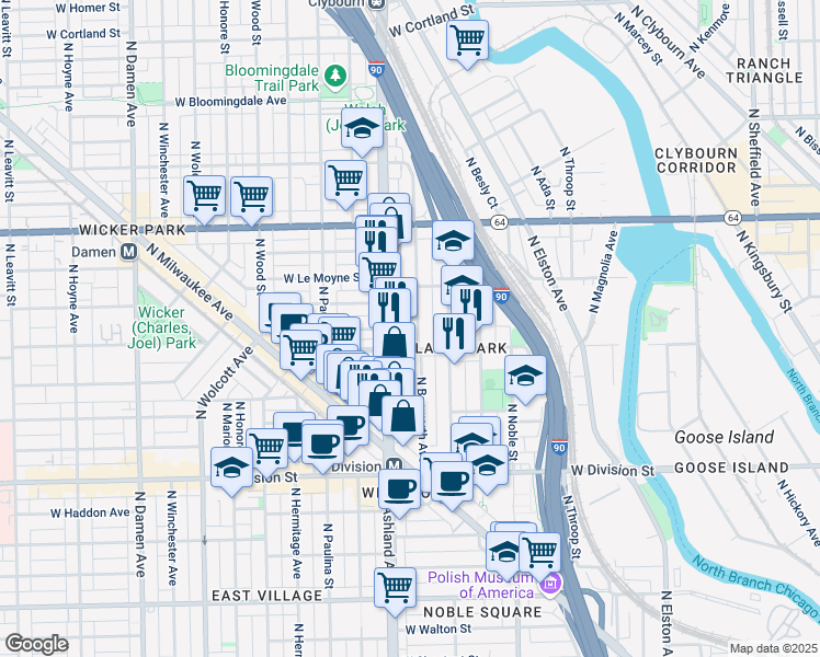 map of restaurants, bars, coffee shops, grocery stores, and more near 1363 North Bosworth Avenue in Chicago