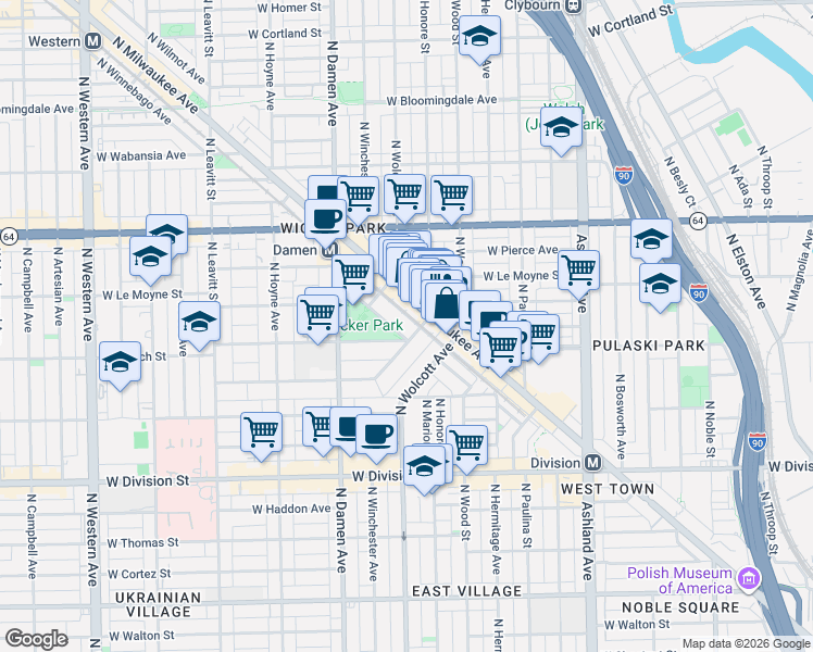 map of restaurants, bars, coffee shops, grocery stores, and more near 1901 West Schiller Street in Chicago