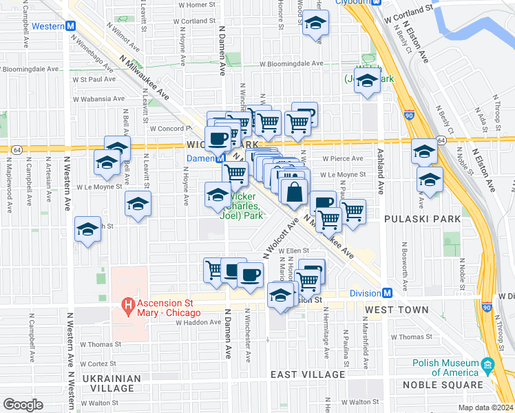 map of restaurants, bars, coffee shops, grocery stores, and more near 1901 West Schiller Street in Chicago