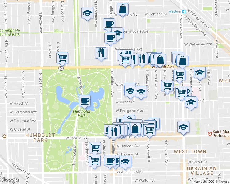 map of restaurants, bars, coffee shops, grocery stores, and more near 1410 North Fairfield Avenue in Chicago