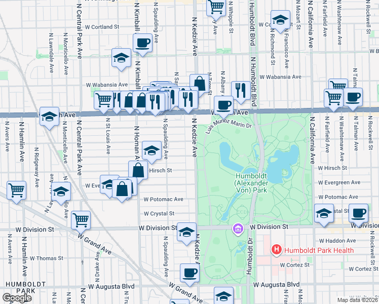 map of restaurants, bars, coffee shops, grocery stores, and more near 3227 West Beach Avenue in Chicago