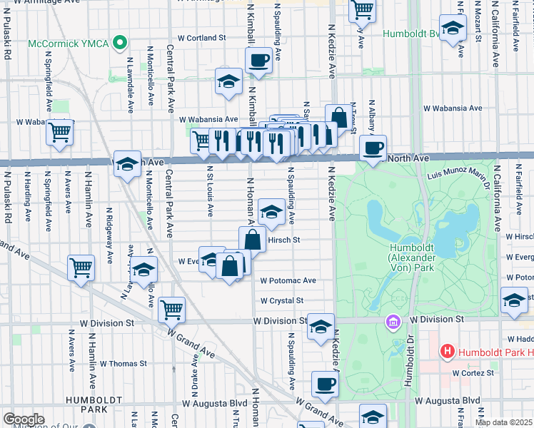 map of restaurants, bars, coffee shops, grocery stores, and more near 3341 West Beach Avenue in Chicago