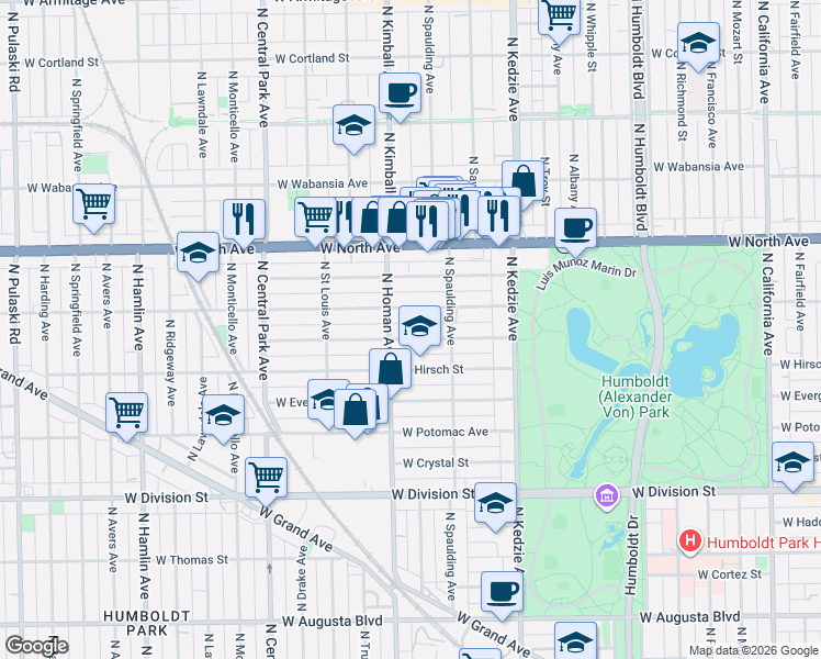 map of restaurants, bars, coffee shops, grocery stores, and more near 3341 West Beach Avenue in Chicago