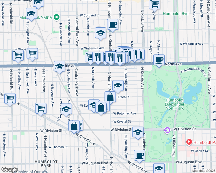 map of restaurants, bars, coffee shops, grocery stores, and more near in Chicago