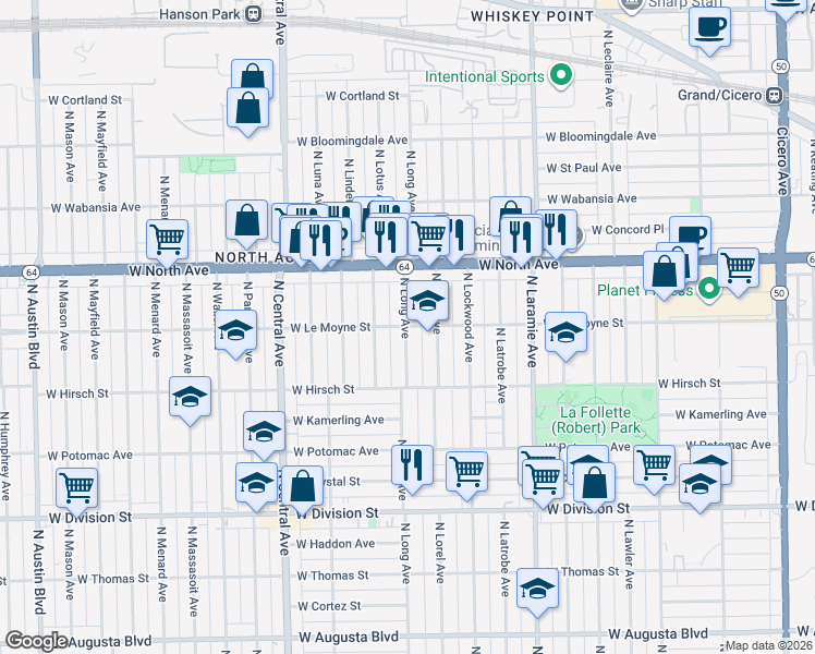 map of restaurants, bars, coffee shops, grocery stores, and more near 1443 North Long Avenue in Chicago