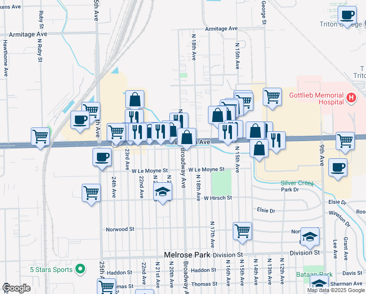 map of restaurants, bars, coffee shops, grocery stores, and more near 1829 North 19th Avenue in Melrose Park