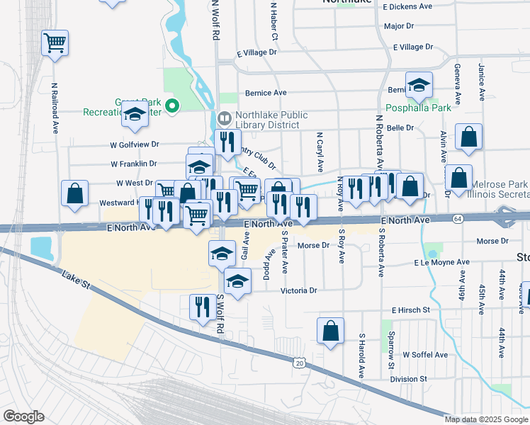 map of restaurants, bars, coffee shops, grocery stores, and more near in Northlake