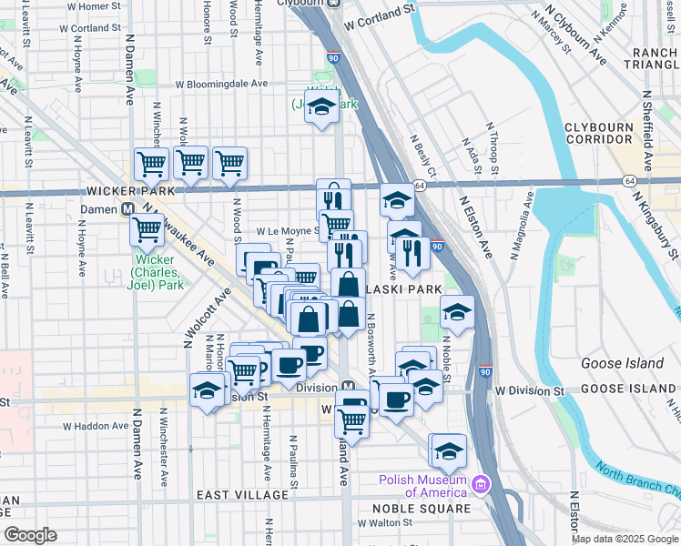 map of restaurants, bars, coffee shops, grocery stores, and more near 1418 N Ashland Ave in Chicago