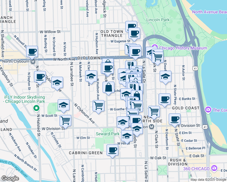 map of restaurants, bars, coffee shops, grocery stores, and more near N Orleans St & W Schiller St in Chicago