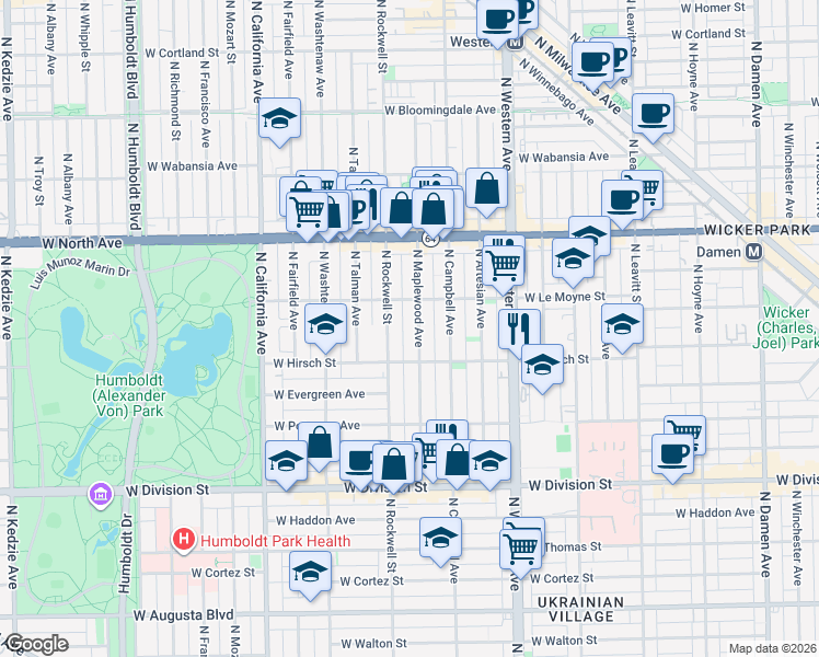 map of restaurants, bars, coffee shops, grocery stores, and more near in Chicago