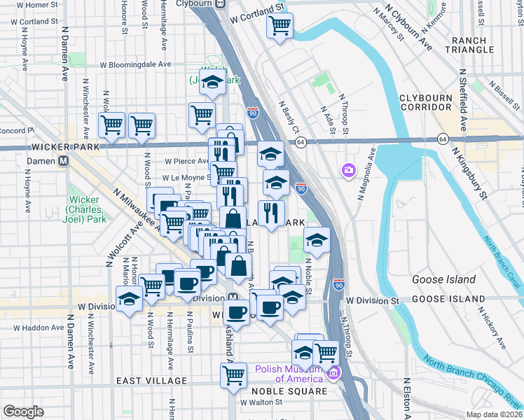 map of restaurants, bars, coffee shops, grocery stores, and more near 1363 North Bosworth Avenue in Chicago