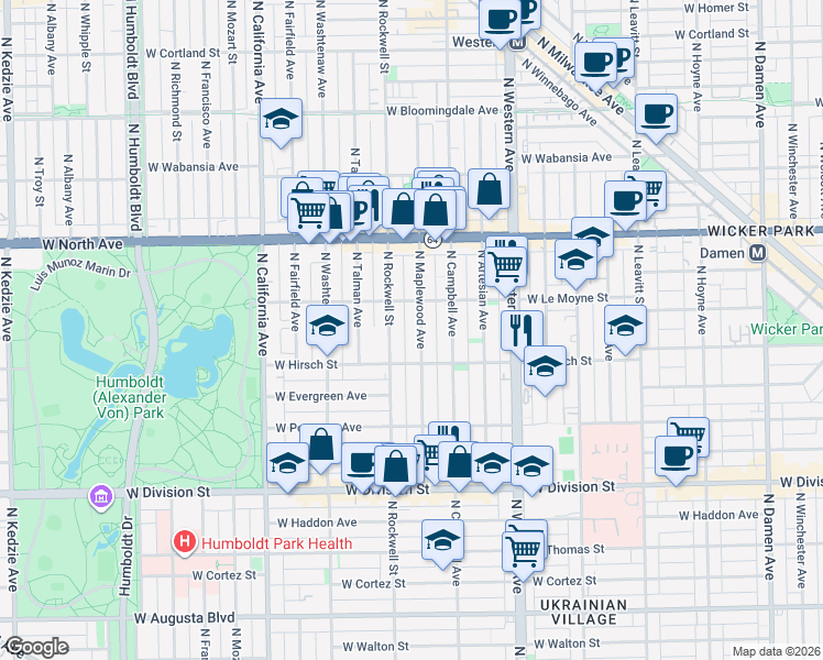 map of restaurants, bars, coffee shops, grocery stores, and more near 1430 North Maplewood Avenue in Chicago