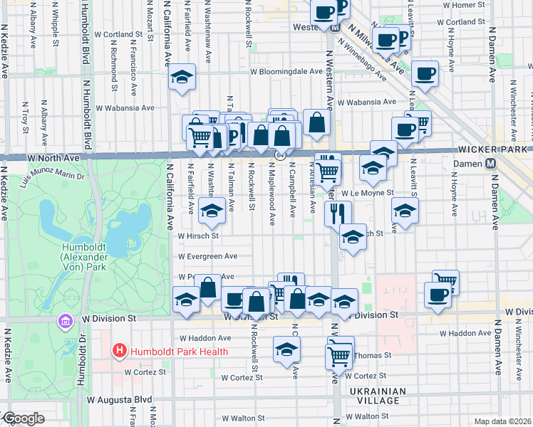 map of restaurants, bars, coffee shops, grocery stores, and more near 1432 North Maplewood Avenue in Chicago