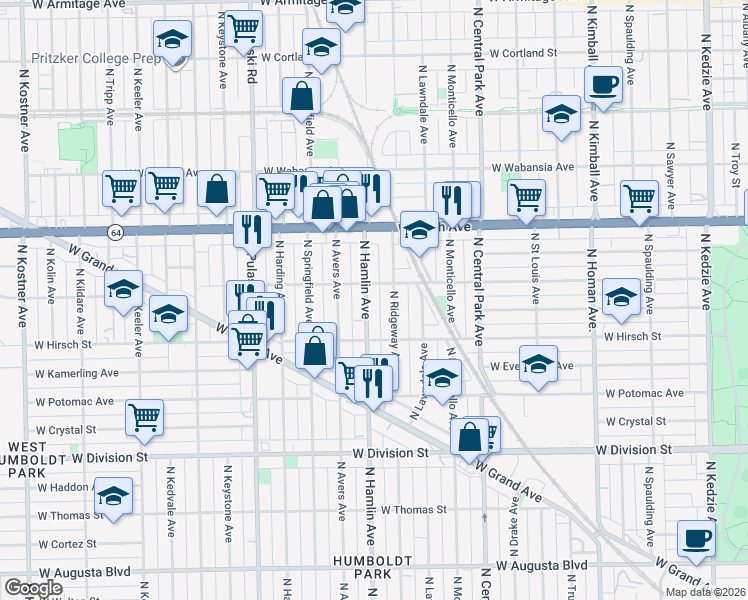 map of restaurants, bars, coffee shops, grocery stores, and more near in Chicago