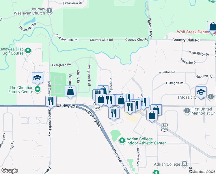 map of restaurants, bars, coffee shops, grocery stores, and more near 4230 Evergreen Road in Adrian