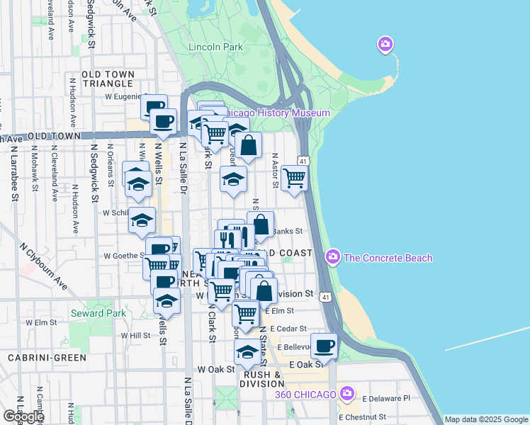 map of restaurants, bars, coffee shops, grocery stores, and more near 1 East Schiller Street in Chicago