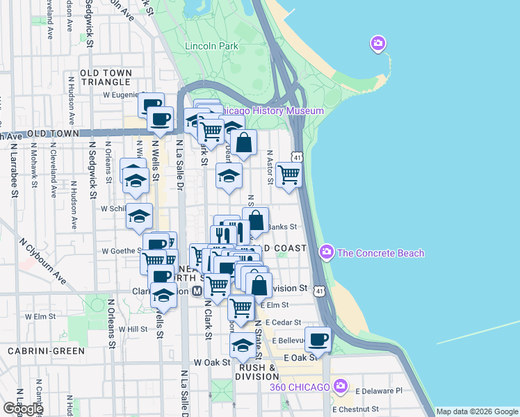 map of restaurants, bars, coffee shops, grocery stores, and more near 1 East Schiller Street in Chicago